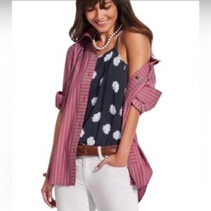 Cabi Regatta Striped Button-Up Shacket Size Medium Lightweight Red Blue Stripes